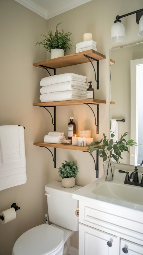 20 Creative Ideas to Transform Your Small Bathroom – Balanced Home Living Small Bathroom Ideas Cabinets, Small Old Bathroom Ideas, Bathroom Shelves Above Toilet, Small Bathrooms With Bath, Decorate Small Bathroom, Small Cottage Bathroom Ideas, Small Bathroom Cabinet Ideas, Small Bathroom Shelf Ideas, Small Bathroom Decorating Ideas