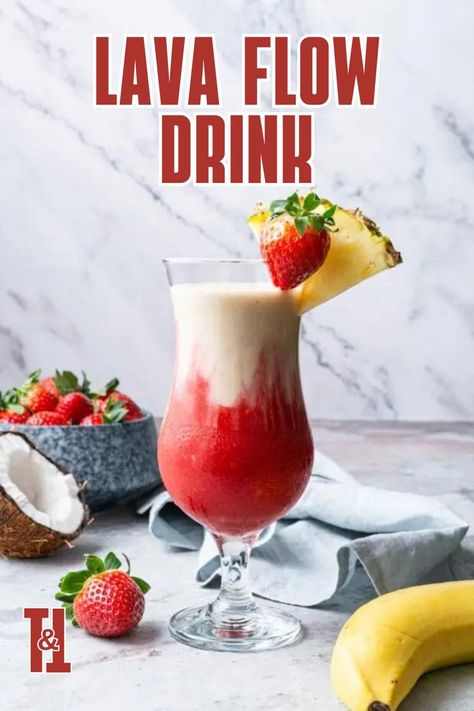 This Lava Flow destroys your thirst with a volcanic eruption of refreshing flavors! Lava Drink, Lava Flow Drink, Mixed Cocktails, Volcanic Eruption, Ice Milk, Light Rum, Lava Flow, Banana Coconut, Coconut Rum