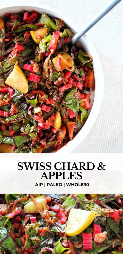 Bitter and flavourful Swiss chard is an excellent match for caramelized onions and apples in this delicious and easy vegetable side dish that is paleo, AIP, Whole30 and vegan.#aiprecipes #paleorecipes #aipdiet #auotoimmunepaleo #aipprotocol #autoimmunedisease #thyroiddisease #vegan #aippaleo #autoimmunepaleo ⁣#paleo #whole30 #whole30recipes #aip Chard Recipes Healthy, Swiss Chard Recipes Easy, Rainbow Chard Recipes, Caramalized Onions, Swiss Chard Recipes, Chard Recipes, Aip Paleo, Planting Plan, Swiss Chard