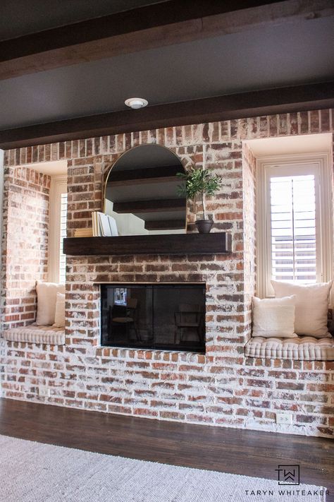 See the before and after of this Modern English Brick Fireplace decorated with soft neutrals and urbane bronze ceiling for a modern look. Rustic Brick Fireplace, Old Brick Fireplace, Brick Fireplace Decor, Vintage Home Decor Eclectic, Brick Fireplace Wall, Urbane Bronze, Red Brick Fireplaces, Country Fireplace, Fireplace Update