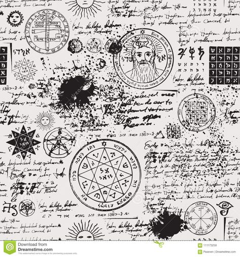 Seamless Pattern, Manuscript With Occult Symbols Stock ... Old Manuscript, Alchemy Magic, Summoning Circle, Abstract Sketches, Vector Texture, Zine Design, Occult Symbols, Texture Seamless, Medieval Manuscript