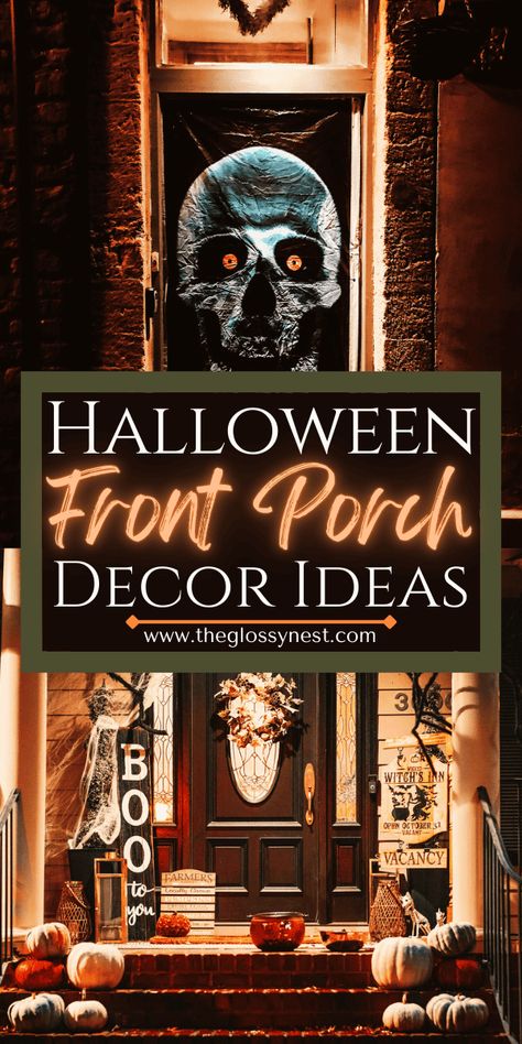 Elevate your decor game this year with these Halloween front porch ideas. Transform your front porch into a spooky or cute Halloween scene! Modern, farmhouse, boho, creepy, scary, easy, elegant, gothic Halloween front porch decorations with ghosts, curtains, cheesecloth, mums, hay, crows, orange lights, planters, pumpkins, rocking chairs, skeletons, spiders & webs, bench, stairs, trees, trick or treat table, wreath, columns, urns, welcome signs, witch & witch hats. Don't miss these DIY ideas! Scary Pumpkin Halloween Decorations, Modern Diy Halloween Decor, Scary Halloween Porch Ideas, Halloween Urn Ideas, Witchy Front Porch Ideas, Front Porch Skeleton Ideas, Chic Halloween Decor Front Porch, Disney Halloween Front Porch, Skeleton Porch Ideas