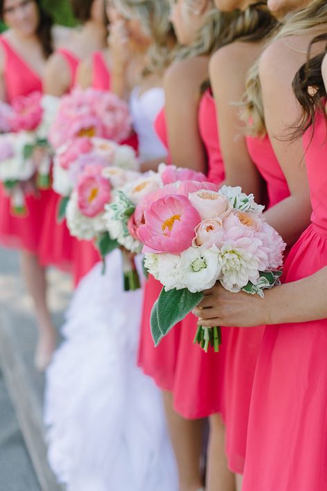 Bridesmaid Color Scheme, Wedding Maids, Bridesmaid Colors, Spring Wedding Flowers, Coral Wedding, Pink Bridesmaid Dresses, Mod Wedding, Wedding Wishes, Resort Wedding