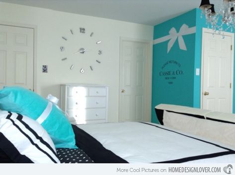 I love the Tiffany & Co paint idea! Pretty Combo of Turquoise and Black in 15 Bedroom Interiors | Home Design Lover Blue And Black Bedroom Ideas, Blue And Black Bedroom, Blue Teen Bedrooms, Blue Girls Bedroom, Tiffany Inspired Bedroom, Tiffany Bedroom, Black Bedroom Ideas, Girls Room Design