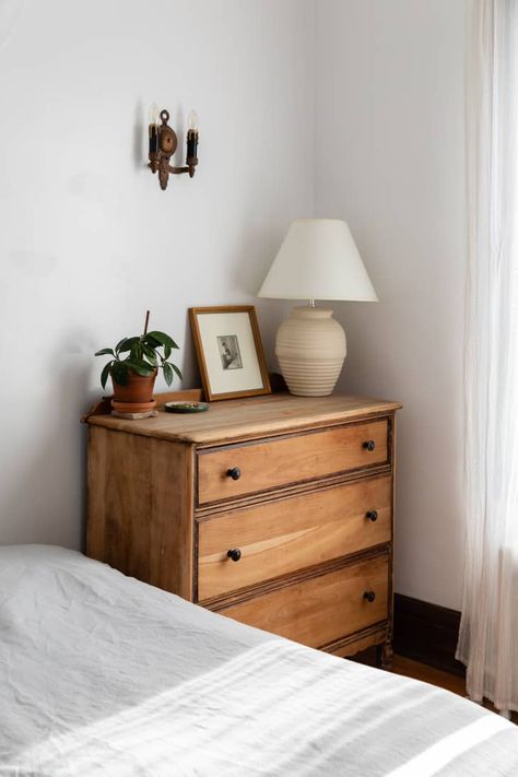 Minimal Apartment Aesthetic, Small One Bedroom Apartment Ideas, Organic Apartment, Simplistic Bedroom, Natural Wood Dresser, Organic Minimalism, Vintage Apartment Decor, Lamp Plant, Organic Modern Bedroom