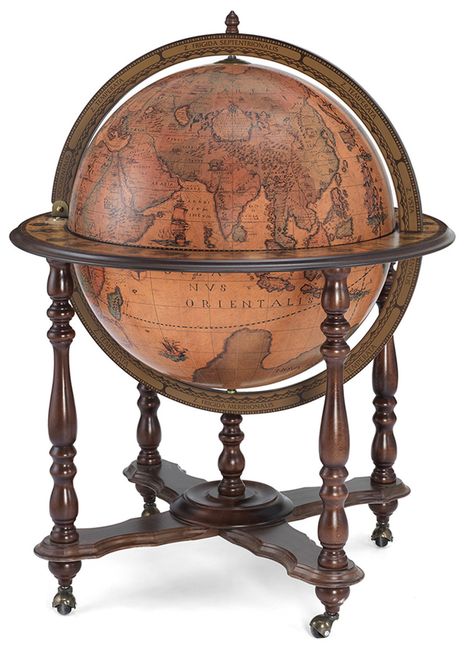 "Achille - Extra Large Bar Globe on Casters (Antique Style, XVI Century) Impress your guests with the Achille, a stunning floor-standing extra large bar globe on casters. The exclusive museum-quality reproduction of the 16th-century map on the Achille Globe Bar will add class and elegance to your home, office, or space of your choice. The vintage reproduction map of the world globe is crafted in the traditional manner using layers of printed paper gores. The top of this extra large world globe b Globe Bar, Large Bar, Map Of The World, Mini Bars, World Globe, Drinks Cabinet, Bar Cabinet, Mini Bar, Modern Room