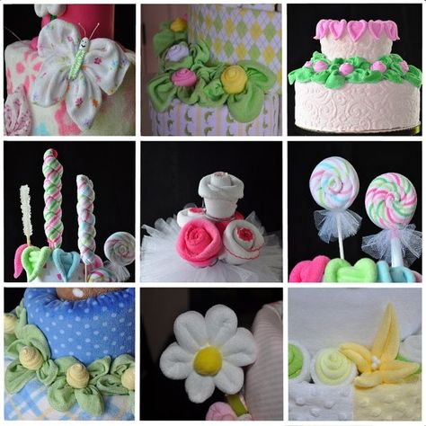 washcloth-favors-9-videos Baby Washcloth Flowers, Washcloth Lollipops, Washcloth Animals, Washcloth Crafts, Bundle Package, Baby Diaper Cake, Diy Bebe, Baby Washcloth, Topsy Turvy