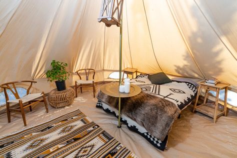 Tent Interior Ideas, Bell Tent Interior, Tent Interior, Bell Tent Glamping, Glamping Inspiration, Canvas Bell Tent, Glamping Resorts, Cabin Tent, Tent Decorations