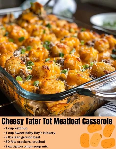 Cheesy Tater Tot Meatloaf Casserole - Tasty Recipes Cheesy Tater Tot Meatloaf Casserole, Tater Tot Meatloaf, Garlic Butter Pork Chops, Butter Pork Chops, Pork Cabbage, Chinese Egg Rolls, Cheesy Potato Bake, Cheesy Tater Tots, Meatloaf Casserole