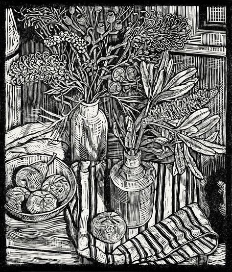 Linocut Artists, Woodcut Art, Linocut Printmaking, Lino Art, Linocut Art, Printmaking Art, Woodcuts Prints, Still Life Drawing, Wood Engraving