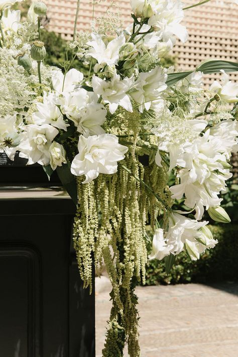 Jessica and Jordan's Luxurious and Intimate Wedding Day Amaranthus Arrangement Wedding, Green Amaranthus Wedding, White Bar Arrangement, Black Tie Wedding Florals, Amaranthus Centerpiece, Black Tie Wedding Flowers, Amaranthus Arrangement, Amaranthus Wedding, Amaranthus Flower