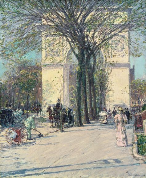 Childe Hassam (1859-1935). Washington Arch, Spring, 1890. Oil on canvas, 26 1/8 x 21 5/8 in. The Phillips Collection, Washington, DC Tampa Museum Of Art, Frederick Childe Hassam, New York Painting, Childe Hassam, Washington Square Park, American Painting, Spring Painting, Oil Painting Reproductions, Painting Reproductions