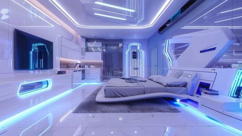 A high-tech futuristic bedroom with sleek furniture, blue ambient lighting, and modern decor. Advanced technological. Elements, including integrated Futuristic Rooms, Futuristic Room, Futuristic Bedroom, Furniture Blue, Sleek Furniture, Room Aesthetic, Ambient Lighting, Modern Lighting, High Tech