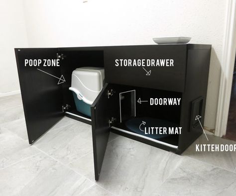 This project was all about hiding poop. Cat poop. And litter and stuff. The scourge of the clean freak cat owner.Being in an apartment when we built this meant we had no good place to hide Mochi’s litter box. Our laundry room/pantry only had a couple square feet of floor space, and shoving it into the corner of our only bathroom where guests would see it was not ideal either. Especially because Mochi, bless her little crazy heart, spazzes out after each time she goes potty and ... Diy Jouet Pour Chat, Ikea Hacks For Cats, Diy Kallax, Ikea Besta Cabinet, Diy Litter Box, Couples Bathroom, Katt Diy, Apartment Decorating For Couples, Hidden Litter Boxes