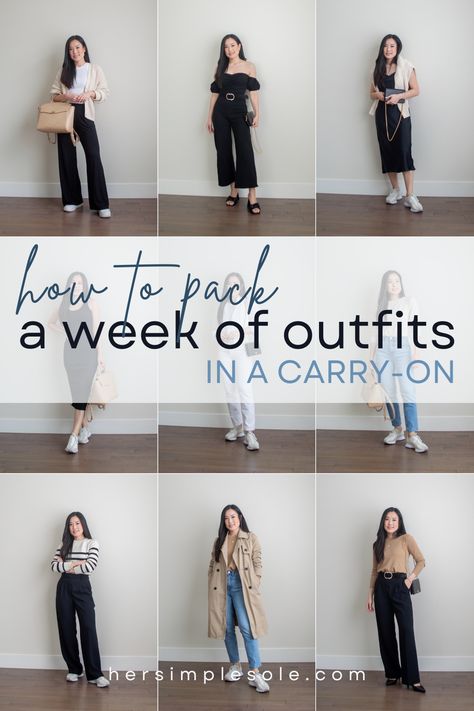 Easy Travel Outfits Packing Light, 2 Week Carry On Packing List, Carry On Capsule Wardrobe Spring 2023, Two Week Outfits Travel Packing, One Week Outfit Travel, 2 Weeks Outfits Travel Packing, Carry On Outfits Winter, Spring Travel Outfits Carry On, Carry On Wardrobe