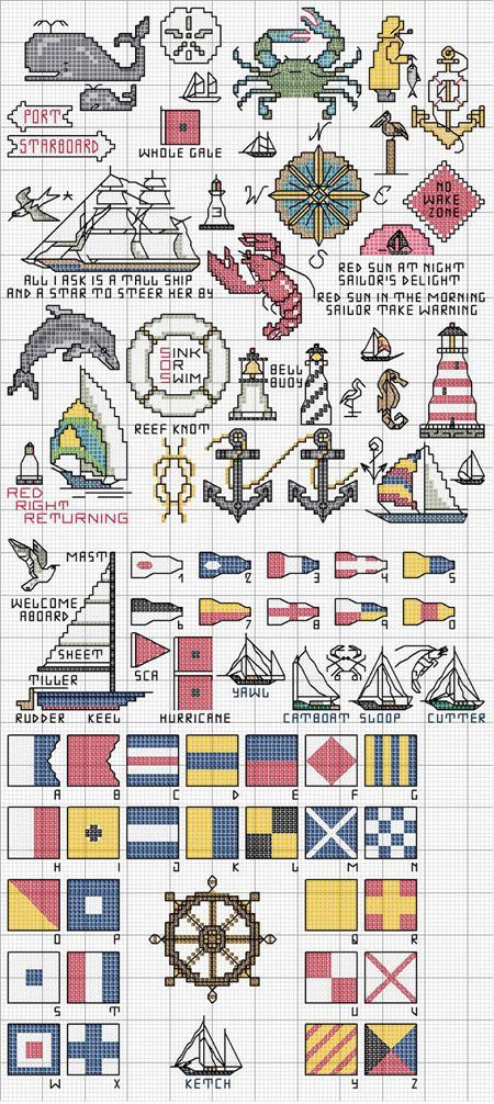 The sea Nautical Cross Stitch Patterns, Seaside Craft, Nautical Symbols, Flag Cross Stitch, Cross Stitch Sea, Hama Bead, Mini Cross Stitch, Cross Stitch Alphabet, Needle Arts