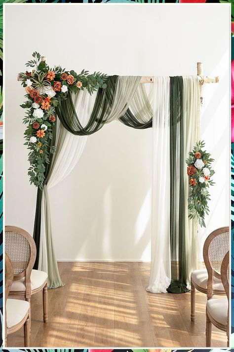 Discover breathtaking wedding arch ideas that will elevate your ceremony decor to new heights. From rustic wooden structures to elegant floral arrangements, our curated collection showcases stunning designs that will transform your special day. Whether you prefer a boho vibe or a classic look, these wedding arch inspirations will create a memorable backdrop for your vows. Explore our ideas and make your wedding ceremony truly unforgettable. Olive Green Wedding Arch, Olive Green Backdrop, Ramadhan Decoration, Flower Arch Decor, Table Flower Decor, Wedding Drapes, Lantern Flowers, Bougainvillea Wedding, Sweetheart Table Flowers