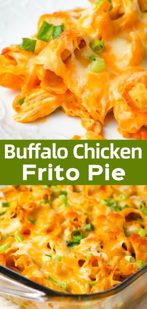 Buffalo Chicken Frito Pie is an easy casserole recipe using shredded rotisserie chicken and diced celery tossed in Buffalo sauce and ranch dressing, all topped with Fritos corn chips and cheese. Chicken Frito Pie, Dinner Using Rotisserie Chicken, Rotisserie Chicken Casserole Recipes, Rotisserie Chicken Casserole, Frito Recipe, Easy Casserole Recipe, Frito Pie Recipe, Using Rotisserie Chicken, Chicken Casserole Recipes