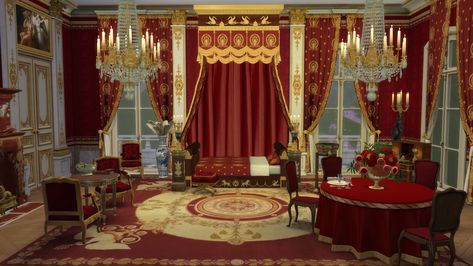 Sims 4 Royal Furniture, Sims 4 Royal, Royal Bed, Royal Chair, Furniture Cc, Royal Family Portrait, Painted Bookshelves, Royal Decorations, Royal Table