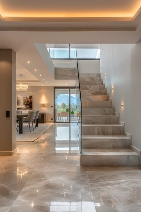 Modern Wooden Stairs Design, Glass Staircase Ideas Modern, Entrance Stairs Entryway, Modern House Staircase, Staircase Entryway Ideas, Contemporary Stairs Design, Entrance Minimalist, Open Staircase Ideas, Lighting Staircase