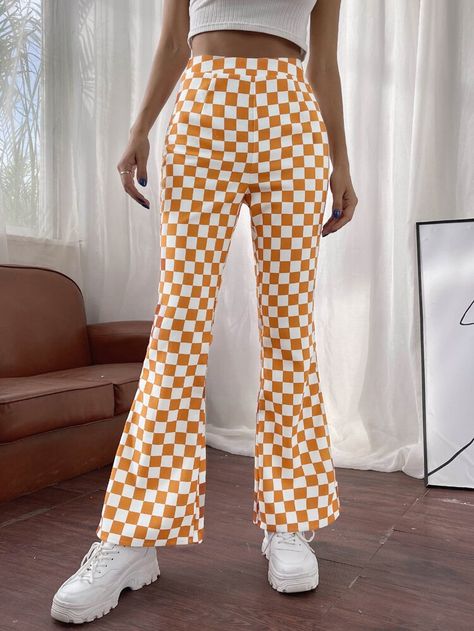 Checker Pants, Bell Pants, Checkered Pants, Women Bottoms, White Flares, Drawstring Waist Shorts, Tops Graphic, How To Hem Pants, Flare Leg Pants