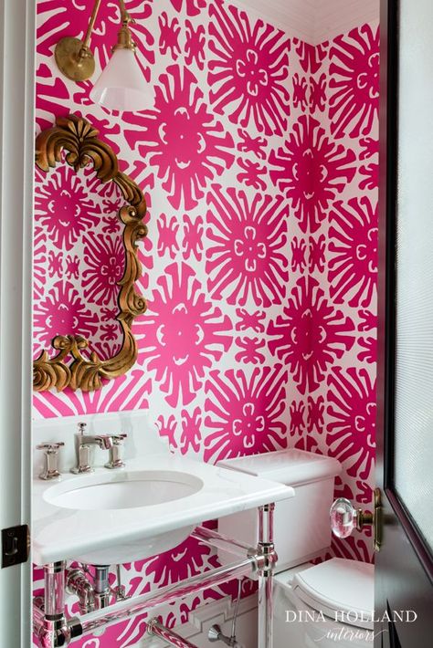 #HFOldHouseMadeNew – Powder Room & Mudroom | dina holland interiors | Bloglovin’ Home Office Closet, Chic Wallpaper, Large Scale Wallpaper, Razzle Dazzle, Pink Bathroom, Bathroom Wallpaper, White Bathroom, Diy Bathroom, Decoration Design