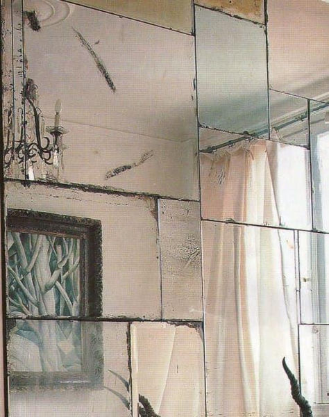 Antique Boutique, Aged Mirror, Distressed Mirror, Bathroom Accent Wall, Antique Mirror Wall, Bathroom Accents, Old Mirror, Mirrored Wall, Mirror Mosaic