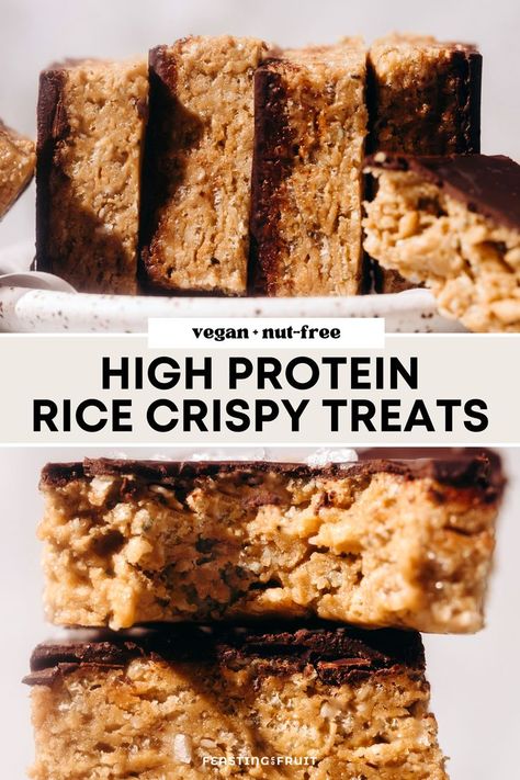 Your favorite crispy cereal treat, but with a plant-based protein boost and snappy salty dark chocolate topping! These protein rice crispy treats are nut free made with SunButter and marshmallow free with maple syrup to sweeten instead. A perfect easy healthy snack or no-bake dessert! Protein Rice Krispies, Rice Crispy Protein Bars, Protein Rice Crispy, Healthy Rice Crispy Treats, High Protein Rice, Protein Rice Crispy Treats, Puffs Recipes, Macro Desserts, Healthy Baking Alternatives