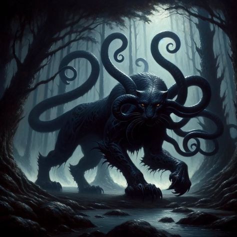 Sebastián Iturralde on X: "In the eerie stillness of a shadowy forest, a Displacer Beast prowls, its shimmering coat blending with the darkness, a silent specter among the gnarled trees. https://t.co/vvc6dDGmtc" / X Displacer Beast, Eerie Forest, D D Monsters, Fantasy Forest, Forest Creatures, First Tattoo, The Darkness, Archipelago, Creature Design