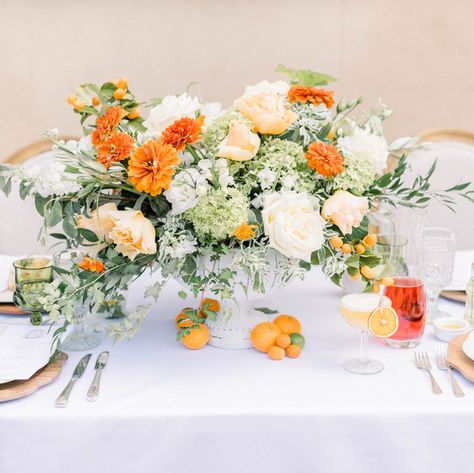 Citrus Themed Wedding, Orange Wedding Color Palette, Bridal Table Flowers, Orange Blossom Wedding, Tangerine Wedding, Orange Wedding Decorations, Wedding Table Display, Lemon Themed Bridal Shower, Orange Wedding Themes