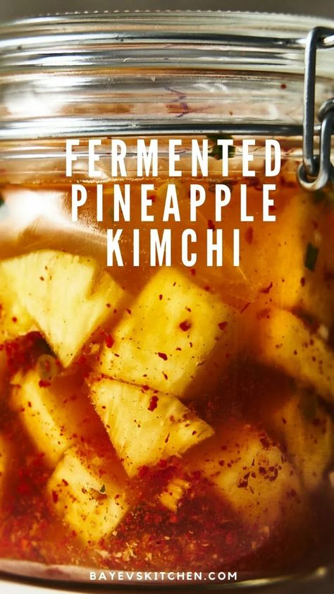 Fermented pineapple kimchi is an exotic gastronomic journey with the invigorating notes of the tropics and the spiciness of Korean cuisine. This recipe combines the sweetness of fresh pineapple with ginger zest and a subtle note of gochugaru.Serve this colorful sauce as a side dish to grilled meats, add to burgers or salads for a unique twist, or serve as an appetizer with a sprinkle of toasted sesame seeds. Pineapple Kimchi Recipe, Sweet Kimchi Recipe, Pineapple Kimchi, Fermented Pineapple, Fermented Kimchi, Kimchi Recipe, Grilled Meats, Fresh Pineapple, Toasted Sesame Seeds