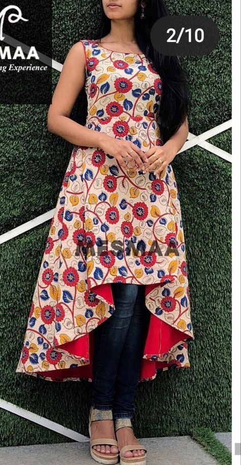 Neck Designs For Ikkat Kurtis, High And Low Kurti Design, High Low Anarkali Dresses, Kalankari Frocks Designs Latest, High Low Kurti Designs Party Wear, Kalamkari Tops Designs, Up Down Kurti Designs, Kalamkari Churidar Designs, Model Kurti Designs