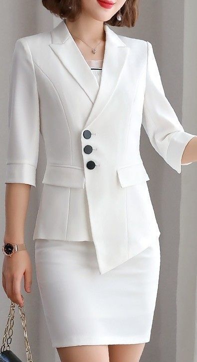 Unique white business set made of an asymetrical classy blazer and fitted skirt. The pure white color shows openness. The fit style and high-end fabric raises elegance and feminity in a classy way. Unique white business set made of an asymetrical classy blazer and fitted skirt. The pu re white Outfit Casual Verano, Pencil Skirt Outfits Casual, Outfit Inspo For School, Womens Dress Coats, Chic Dress Classy, Woman Outfit, Spring Outfit Ideas, Batik Fashion, Stylish Work Attire