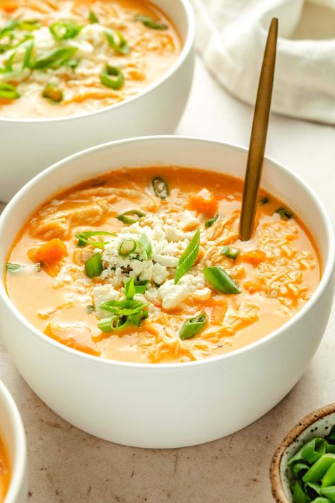 This Creamy Buffalo Chicken Soup is the star of game day this season! Loaded with shredded chicken, buffalo sauce, veggies, and cream cheese. Buffalo Chicken Noodle Soup, Creamy Buffalo Chicken Soup, Buffalo Chicken Soup Recipes, Buffalo Chicken Soup Crockpot, Chicken Wing Soup, Creamy Buffalo Chicken, Buffalo Chicken Grilled Cheese, Chicken Soup Crockpot, Fall Crockpot