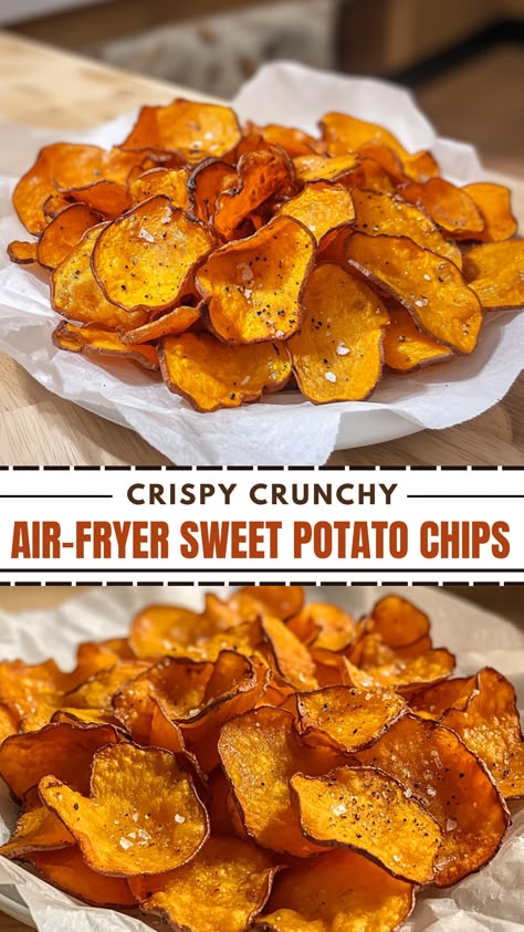 Crispy Crunchy Air-Fryer Sweet Potato Chips Sweet Potato Chips Air Fryer, High Protein Baking, Air Fryer Sweet Potato Chips, Chips Air Fryer, Air Fryer Recipes Chicken Tenders, Potato Recipes Healthy, Air Fryer Sides, Sweet Potato Chips Recipe, Air Fryer Recipes Chicken Wings