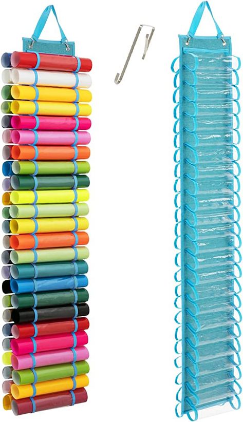 shiningwaner Vinyl Storage Organizer with 48 Compartments, Vinyl Roll Holder Wall Mount/Over The Door, Hanging Organizer Storage Rack For Craft, Blue Vinyl Roll Holder, Door Hanging Organizer, Mini Closet, Craft Room Organization Diy, Sewing Room Inspiration, Wrapping Paper Storage, Vinyl Roll, Craft Room Design, Scrapbook Room