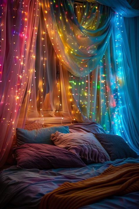 29 Rainbow Boho Bedroom Ideas 10 Rainbow Boho Bedroom, Sky Room, Rainbow Bedroom, Wedding Chuppah, Dream Bedroom Inspiration, Creative Room, Boho Bedroom Ideas, Rainbow Boho, Bed Canopy