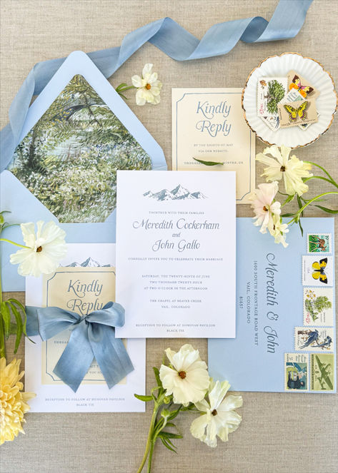 Blue, yellow, and green Colorado Mountain wedding invitation with blues, envelope liner, and elegant vintage stamps for a Vail wedding Blue And Yellow Invitations, Wedding Invitations Blue And Green, Taylor Swift Wedding Invitations, Blue And Green Wedding Invitations, Blue Brown Wedding, Dnd Pets, Peru Wedding, Malibu Elopement, Sky Blue Wedding