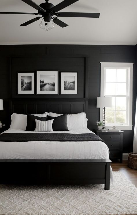 Dark Headboard, Black Bedroom Design, Black Bed Frame, Black Bed, Black Bedroom, Bedroom Black, Bedroom Refresh, Black Bedding, White Furniture