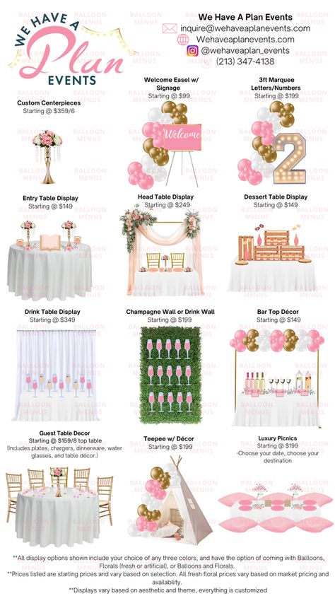 Event Decor Price List, Event Planner Price List, Party Decorating Business, Diy Party Rentals, Party Rental Business Ideas, Party Planner Business, Event Budget Template, Event Planning Board, Small Business Ideas Products