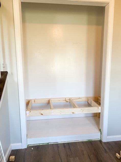 DIY Mudroom Closet Makeover - Come Stay Awhile by Amanda Vernaci | Modern Farmhouse DIY + Home Renovation Turn Closet Into Mudroom, Closet To Mudroom Convert, Entry Way Closet Makeover, Closet Turned Mudroom, Hall Closet Makeover, Entry Closet Ideas, Entryway Closet Makeover, Mudroom Closet Makeover, Converted Closet