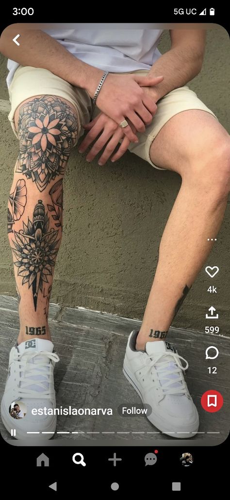 Tattoos Inspired By Books, Mandala Tattoo Leg, Geometric Tattoo Leg, Mandala Tattoo Men, Tattoo Knee, Calf Tattoo Men, Tattoo Samples, Lower Leg Tattoos, Shin Tattoo