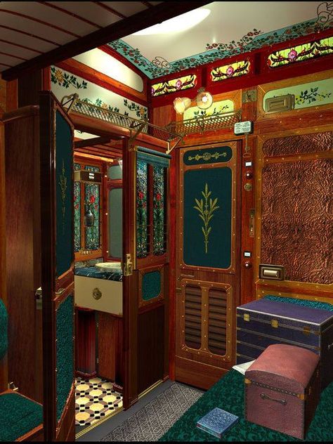 BATHROOM ON THE ORIENT EXPRESS Vintage Train Interior, Train Bathroom, Old Train Interior, Luxury Train Bathroom, Victorian Train Interior, Vintage Train Car Interior, Train Interior, Orient Express Train, Horror On The Orient Express