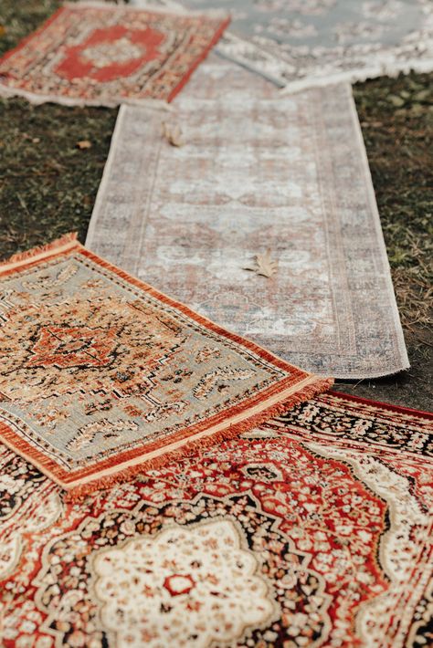 Mismatched Rugs Wedding, Boho Wedding Rugs, Boho Wedding Backdrop Diy, Wedding Ceremony Rug, Wedding Rug, Bohemian Wedding Theme, Rug Wedding, Wedding Alters, Hippie Wedding