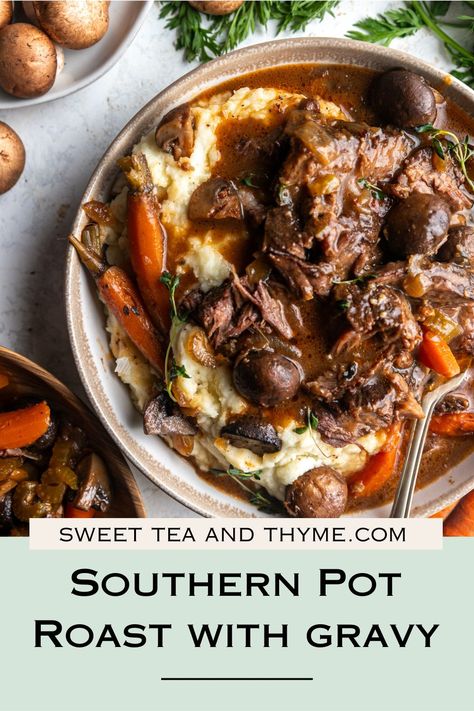 Fall in love with Southern cooking with our delectable pot roast recipe. A delightful combination of slow-cooked goodness and Southern charm. Southern Pot Roast, Healthy Southern Recipes, Red Wine Jus, Leftover Pot Roast, Southern Recipes Desserts, Chuck Roast Recipes, Holiday Entertaining Food, Fall Favorites Recipes, Southern Dinner