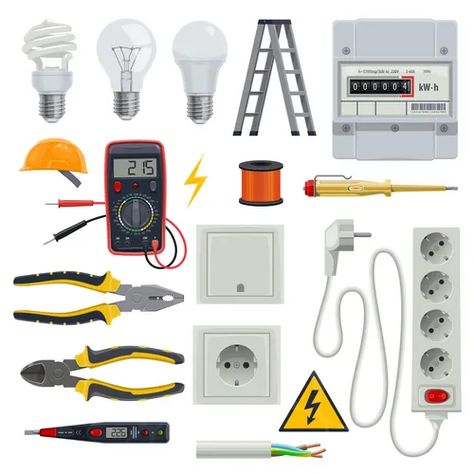 Power tools electric construction equipment Vector Image Islamic Surah, Engineering Tools, Electrician Tools, Professional Electrician, Electronics Projects Diy, Electric Tools, Electrical Tape, Plug Socket, Electrical Tools