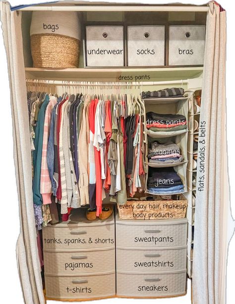 Aesthetic Dorm Storage, Organization Hacks For Small Bedrooms, Clothes On Bookshelf Storage Ideas, Storage Clothes Small Space, How To Store Dresses In Small Closet, Underbed Storage Dorm, Storage Clothes Ideas, Storage Ideas For Small Spaces Bedroom, Small Closet Organization Ideas Bedroom Clothing Storage