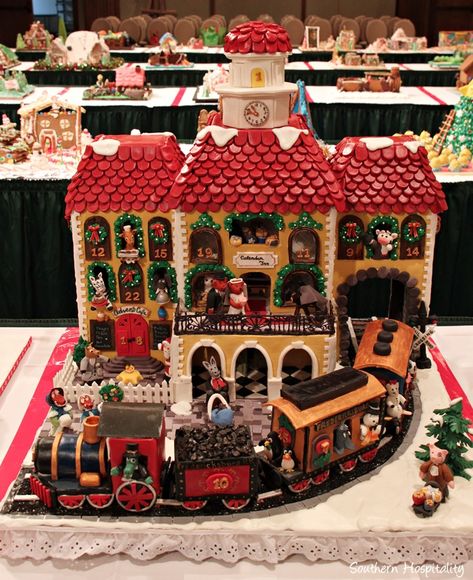 National Gingerbread House Competition, Grove Park Inn, Asheville, NC 2015; gingerbread house Train Station Gingerbread House, Gingerbread Train Station, Gingerbread Contest, Gingerbread Competition, Gingerbread House Competition, Gingerbread Creations, Gingerbread Train, House Cookies, Diy Gingerbread