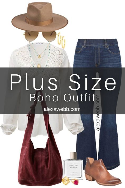 Plus Size Boho Macrame Top Outfit - A plus size fall outfit with a macrame top, flare jeans, rancher hat, and Western booties. Alexa Webb Dark Boho Fashion, How To Style Wedges, Curvy Boho, Boho Plus Size, Women's Plus Size Jeans, Rock And Roll Fashion, Professional Work Outfit, Boho Summer Outfits, Plus Size Fall Outfit