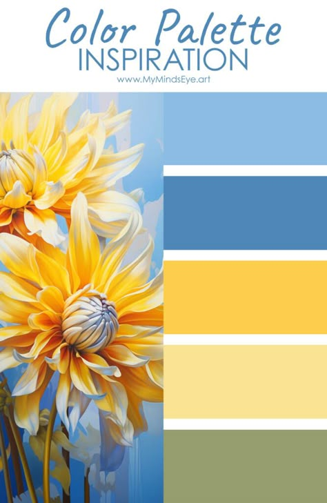 Color Palette Yellow And Blue, Colour Palette Yellow Blue, Blue Yellow Color Palette, Flower Color Palette, Yellow Moodboard, Playful Color Palette, Cheerful Color Palette, Fun Color Palette, Yellow Color Combinations